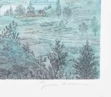 Gross Arnold (1929-2015): Visegrádi házak. Rézkarc, papír. Jelzett. 21x31 cm. Üvegezett fakeretben. ...