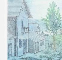 Gross Arnold (1929-2015): Visegrádi házak. Rézkarc, papír. Jelzett. 21x31 cm. Üvegezett fakeretben. ...