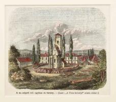 1863 A m[argit]-szigeti ref. egyház és torony, színezett fametszet, papír, jelzés nélkül, In: Vasárnapi Újság 1863. dec. 6., paszpartuban, 13x15 cm, paszpartu: 25x27 cm