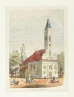 cca 1860 A solymári templom, színezett fametszet, papír, jelzés nélkül, In: Vasárnapi Újság, paszpartuban, 14x19 cm, paszpartu: 31x26 cm