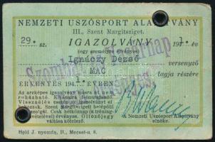 1941 Úszósport igazolvány MAC versenyző részére a Margitszigetre, fényképpel