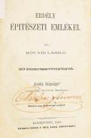 Kővári László: Erdély építészeti emlékei. 30 fametszvénnyel. ,,Erdély régiségei" második bővített kiadása. A könyv rendkívűl részletesen mutatja be Erdély nevezetességeit, amit a rendkívűl gazdag fametszet illusztrációs anyag színesít.  Kolozsvártt, 1866, Stein J. (Az ev. ref. főtanoda betűivel). XII, 335p. Szövegközti fametszetű képekkel. A könyv 171-175 és 531-535 oldalai másolatban pótoltak. Korabeli, gerincén aranyozott szép félbőr kötésben. Néhol foltos lapokkal, ennek ellenére jó példány!