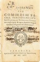 SCHONAEUS : Terentius Christianus. Seu Comoediae Sacrae, Terentiano Stylo á Cornelio Schonaeo Goudano ... Nagyvárad - Varadin[um], 1656, Abrahamu[s] Kertesz Szencinu[s]. 10 lev., 962 (helyesen 662) l. Korabeli, bordázott gerincű, restaurált, vaknyomásos bőrkötésben, címlapja restaurált (mely a szöveget is érinti), az első 26 lev. sarka restaurált (a 10. lev-től szöveget nem érint), az utolsó 15 lev. restaurált (az utolsó 2 lev-en szöveget is érint), lapjai helyenként foltosak. Rendkívül ritka! RMK II. 874. Szenczi Kertész Ábrahám (?-1667) nyomdász, a mesterséget valószínűleg az Elzevírek műhelyében tanulta. Az 1640-ben alapított váradi nyomda vezetője. Műgonddal készült, szép nyomású könyvei kiemelkedtek a kor magyarországi termékei közül. 1660-ban a város török kézre jutásakor Kolozsvárra, majd Nagyszebenbe menekítette nyomdáját. Legismertebb kiadványa a Váradi biblia.