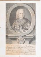 Johann Ernst Mansfeld(t) (1739-1796), Trattner János Tamás kiadása: gróf Batthyány Lajos (1696-1765) nádor portréja az Aranygyapjas és a Szent István renddel. Rézmetszet, papír, jelzett a metszeten, üvegezett keretben (üveg mögött), kissé foltos, 27x15 cm