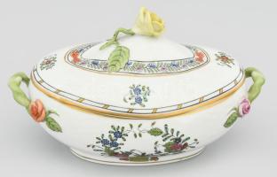 Herendi Fleur des indes vertes multicolor mintás fedeles kínáló, rózsa fogóval. Jelzett, hibátlan, 18,5x11x11 cm
