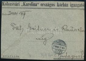 Kolozsvári borítékok előlapjai: Kolozsvár Tűzoltó Egylet, Kolozsvári Kereskedelmi Bank, Karolina Kór...