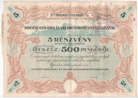 Újpest 1930. "Egyesült Izzólámpa és Villamossági Részvénytársaság" 10 részvénye egyben, összesen 1000P-ről, szárazpecséttel, szelvényekkel + 5 részvénye egyben, összesen 500P-ről, szárazpecséttel, szelvényekkel (2x) sorszámkövetők T:F kisebb szakadás