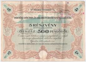 Újpest 1930. "Egyesült Izzólámpa és Villamossági Részvénytársaság" 10 részvénye egyben, összesen 1000P-ről, szárazpecséttel, szelvényekkel + 5 részvénye egyben, összesen 500P-ről, szárazpecséttel, szelvényekkel (2x) sorszámkövetők T:F kisebb szakadás