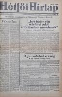 1956-os forradalmi, kollaboráns hírlapok és emigráns folyóiratok gyűjteménye [23 lapszám, egybekötve]. 1. A forradalmat megelőző időszakból származó lap: Esti Budapest. Az MDP budapesti pártbizottságának és Budapest Főváros Tanácsának lapja. Szerkeszti a szerkesztőbizottság. V. évfolyam, 234. szám. (1956. október 4.) Budapest, 1956. Szikra Lapnyomda. 6 p. Folio. -- 2. A forradalom lapszámai: Hétfői Hírlap. Független magyar lap. Felelős szerkesztő: Száva István. I. évfolyam, 4. szám. (1956. október 29.) Budapest, 1956. Athenaeum ny. 4 p. Folio. -- Magyar Nemzet. Független politikai napilap. Szerkeszti a szerkesztőbizottság. XIX. évfolyam, 257. szám. (1956. november 3.) Budapest, 1956. Athenaeum ny. 4 p. Folio. -- Magyar Honvéd. A Magyar Honvédség és Nemzetőrség lapja. Felelős szerkesztő: Zsolt Róbert. I. évfolyam, 4., 5. szám (1956. november 2. - 1956. november 3.) Budapest, 1956. Október 23. ny. 4 p.; 4 p.; Folio. -- Magyar Honvéd. A Magyar Honvédség lapja. I. évfolyam, 6,, 8., 10. és 11. szám. (1956. november 12. - 1956. november 23.) Budapest, 1956. Október 23. ny. 4 p.; 4 p.; 4 p., 4. Folio. -- Irodalmi Ujság. A Magyar Írók Szövetségének lapja. Megjelenik szombaton. Felelős szerkesztő: Hámos György. VII. évfolyam, 43. szám. (1956. november 2.) Budapest, 1956. Athenaeum ny. 4 p. Folio. -- Népszava. A Magyar Szakszervezetek központi lapja. Szerkeszti a szerkesztőbizottság. 84. évfolyam, 253. szám. (1956. október 26.) Budapest, 1956. Athenaeum ny. 2 p. Folio. -- Népszava. A Magyar Szociáldemokrata Párt központi lapja. Főszerkesztő: Kéthly Anna. 77. évfolyam, 1., 3. szám. (1956. november 1., 3.) Budapest, 1956. Athenaeum ny. 4 p.; 4 p. Folio. -- Igazság. A forradalmi magyar honvédség és ifjúság lapja. Felelős szerkesztő: Obersovszky Gyula. I. évfolyam, 9. szám. (1956. november 3.) Budapest, 1956. Athenaeum ny. 4 p. Folio. -- Magyar Függetlenség. A Magyar Nemzeti Forradalmi Bizottmány lapja. Felelős szerkesztő: Dudás József. I. évfolyam, 3., 4., 6. szám. (1956. október 31. - 1956. november 3.) Budapest, 1956. Ny. n. 4 p.; 4 p.; 4 p. Folio. -- Népakarat. A Magyar Szabad Szakszervezetek Országos Szövetségének lapja. Szerkeszti a szerkesztőbizottság. I. évfolyam, 1. szám. (1956. november 1.) Budapest, 1956. Athenaeum Ny. 4 p. Folio. -- 3. Kollaboráns hírlap lapszáma:  Népszabadság. A Magyar Szocialista Munkáspárt lapja. I. évfolyam, 13. szám. (1956. november 20.) Budapest, 1956. Budapesti Lapnyomda. 4 p. Folio. -- 4. A nyugati magyar emigráció által alapított folyóiratok lapszámai:  Nemzetőr. A Magyar Szabadságharcos Világszövetség lapja. Felelős szerkesztő: Kecskési-Tollas Tibor. Megjelenik kéthetenkint. VII. évfolyam, 127. szám. (1962. június 1.) München, 1962. Ny. n. 8 p. Folio. -- Uj Hungária. Szabad magyarok független hetilapja. Felelős szerkesztő: Herp János. Megjelenik pénteken. X. évfolyam, 22. szám. (1962. június 1.) München, 1962. Herp János ny. 8 p. Folio. -- Magyar Híradó. Független hetilap. Felelős szerkesztő: Vasváry Edith. VI. évfolyam, 22. szám, VIII. évfolyam, 7. szám. (1962. június 2., 1964. július 1.) [Bécs] Wien, 1962-1964. Bécsi Magyar Hírlapírók Köre. Fritz Molten Grossdruckerei und Verlag. 6 p.; 10 p. Folio. Folyóirat-gyűjteményünk az 1956-os forradalom eseményeiről számol be, döntően szabadságharcos látószögből, a Népszabadság esetében a felálló új rezsim történelemhamisításának szemszögéből. A gyűjtemény 1956-os fókuszát némileg tágítja a három emigráns lap, melyek az 1960-as évek első felében latolgatják a kommunizmus elhalásának esélyét, azzal a tanulsággal, hogy a fiatalság 1956-ot követően nem fogékony a radikális baloldal társadalomelméletére. Néhány, a forradalomban alapított lap még november második felében is megjelenik, így például a fejlécében Kossuth-címert őrző Magyar Honvéd kitart még néhány szám erejéig, és a megjelentető nyomda nevében is őrzi a forradalmi örökséget. Gyűjteményünk emlékezetes darabja az Irodalmi Ujság 1956. november 2-i lapszáma, amelyben megjelenik Illyés Gyula ,,Egy mondat a zsarnokságról&quot; című költeménye, Németh László vezércikke, Szabó Lőrinc, Déry Tibor és mások írásai mellett. Úgyszintén emlékezetes a forradalmi időszak alatt megjelenő Népszava politikai napilap fejléce, november 1-jétől a lap ugyanis a Szociáldemokrata Párt napilapja, főszerkesztőjeként Kéthly Anna. Természetesen novemberben valamennyi forradalmi napilap a betiltás sorsára jut.  A Magyar Honvéd, a Népszabadság, illetve az emigráns lapok oldalain szövegközti fényképek, grafikák. Egy folyóiratszám duplán szerepel. Több folyóiratszám a hajtásnál kettéhasadt, néhány levél szélén apró hiány, néhány oldal enyhe foltosság. Korabeli fél-műbőr kötésben.