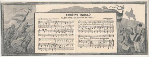 Erdélyi induló. Előre vitézek, Horthy katonák! Zilahi Farnos E. zenéje, Naményi Zoltán-Zilahi Farnos E. szövege. Kiadja a Magyar Nemzeti Szövetség. 2-részes kinyitható irredenta kottás képeslap / WWII Hungarian Army's Transylvanian military anthem, irredenta propaganda, 2-tiled folding card with sheet music s: Buday (Rb)