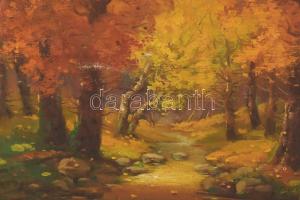 Polczer Lajos (1902-1968): Őszi erdő. Olaj, vászon. Jelzett. Sérült. Dekoratív, sérült fa keretben. ...