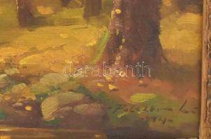 Polczer Lajos (1902-1968): Őszi erdő. Olaj, vászon. Jelzett. Sérült. Dekoratív, sérült fa keretben. ...