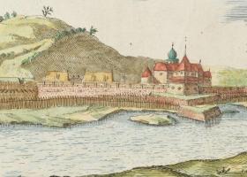 Tokaj vár és város réznyomatú, színezett látképe. Címe középen, a látkép feletti szószalagon: ,,TOKA...