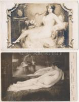 2 db RÉGI erotikus művész képeslap vegyes minőségben / 2 pre-1945 erotic art motive postcards in mixed quality