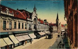 1917 Nagyvárad, Oradea; Rákóczi út, Barabás és Társa, Klein Géza és Ödön, Ujhelyi Róza üzlete, villamos. Vasúti levelezőlapárusítás 31. sz. 1916. / street view, shops, tram (fa)