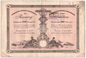 Budapest 1926. "Magyar Általános Kőszénbánya Részvénytársulat" részvénye 200P-ről, magyar és német nyelven, szelvényekkel, bélyegzésekkel, szárazpecséttel T:F