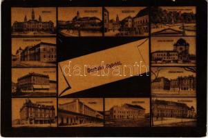 1911 Győr, Városháza, Rába rakpart, Erzsébet tér, Kisfaludy szobor a parkkal, Törvényszéki palota, Izraelita templom, zsinagóga, Royal szálloda, Pénzügyi palota, Kisfaludy kávéház, vasútállomás, Apollo mulató, Állami főreáliskola (fa)