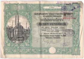 Budapest 1925. "Rimamurány-Salgó-Tarjáni Vasmű Részvény-Társaság" részvénye 50P-ről, szárazpecséttel, bélyegzésekkel, szelvényekkel T:F