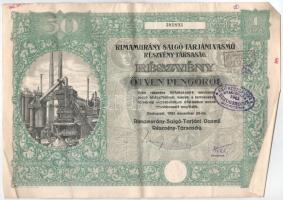Budapest 1925. "Rimamurány-Salgó-Tarjáni Vasmű Részvény-Társaság" részvénye 50P-ről, szára...