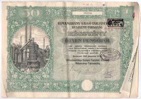Budapest 1925. "Rimamurány-Salgó-Tarjáni Vasmű Részvény-Társaság" részvénye 50P-ről, szára...