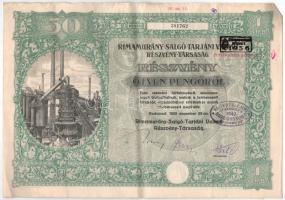Budapest 1925. "Rimamurány-Salgó-Tarjáni Vasmű Részvény-Társaság" részvénye 50P-ről, szára...