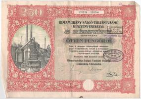 Budapest 1925. "Rimamurány-Salgó-Tarjáni Vasmű Részvény-Társaság" 5db részvénye egyben, egyenként 50P-ről, szárazpecséttel, bélyegzésekkel, szelvényekkel T:F