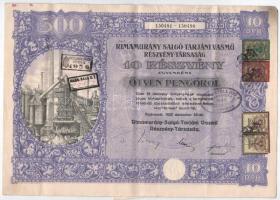 Budapest 1925. "Rimamurány-Salgó-Tarjáni Vasmű Részvény-Társaság" 10db részvénye egyben, egyenként 50P-ről, szárazpecséttel, bélyegzésekkel, szelvényekkel, egyik okmánybélygekkel (2x) T:F