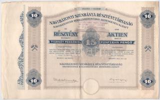 Budapest 1926. "Nagybátonyi Szénbánya Részvénytársaság" tíz részvénye egyben, egyenként 15...