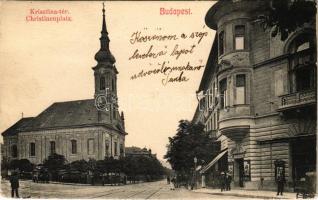 1904 Budapest I. Krisztina tér és Pálya utca sarok, templom, üzlet, villamossín