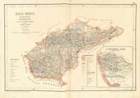 1880 Hátsek Ignác (1827-1902): Zala megye közigazgatási térképe, rajta a Balatonnal is, valamint Zalaegerszeg, Nagykanizsa, Keszthely, Tihany, Sümeg, Tapolca és más települések, 1:500.000, Bp., Rautmann Frigyes,(Posner Károly Lajos-ny.), kissé foltos, a hátoldalon javított, 47x30 cm