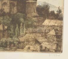 Görög Rezső (1930- ): Esztergom. Színezett rézkarc, papír, jelzett. Üvegezett, kopott fa keretben. 2...