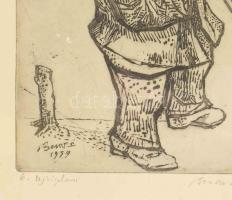 Bencze László (1907-1992): Újságolvasó. Rézkarc, papír, jelzett, üvegezett keretben, apró felületi s...