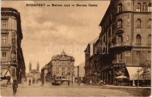 Budapest VIII. Baross utca, villamos, Ötvös és Bíró üzlete, Korányi és Fröhlich redőnygyára, Bodó kávéház, Józsefvárosi Népkör, üzletek. Fellner Mór kiadása (EK)