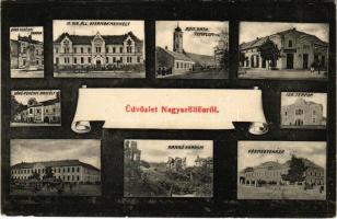 1909 Nagyszőlős, Nagyszőllős, Vynohradiv (Vinohragyiv), Sevljus, Sevlus; Báró Perényi szobor, M. kir. állami gyermekmenhely, Római katolikus templom, Báró Perényi kastély, Izraelita templom, zsinagóga, Kankó várrom, Vármegyeháza. Deutsch J. kiadása / statue, children's shelter, Catholic church, castle, synagogue, castle ruins, county hall (lyuk / pinhole)