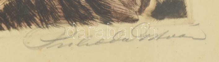 Prihoda István (1891-1965): Lány virágkosárral. Színezett rézkarc, papír, jelzett, foltos, üvegezett...