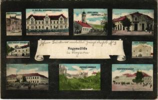 1914 Nagyszőlős, Nagyszőllős, Vynohradiv (Vinohragyiv), Sevljus, Sevlus; Báró Perényi szobor, M. kir. állami gyermekmenhely, Római katolikus templom, Báró Perényi kastély, Izraelita templom, zsinagóga, Kankó várrom, Vármegyeháza. Deutsch J. kiadása / statue, children's shelter, Catholic church, castle, synagogue, castle ruins, county hall + "K.u.K. mob. Eisenb. Zeugs-Depot Nr. 3." (EK)