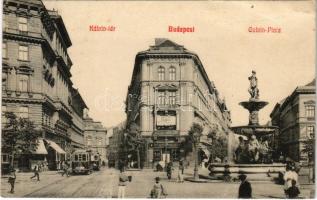 1912 Budapest VIII. Kálvin tér, Baross utca, Üllői út, szökőkút, villamos, Magyar Fém- és Lámpaárugyár (fl)