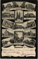 1910 Temesvár, Timisoara; Gyárváros, Liget út, Andrássy út, Cs. és kir. gyalogsági hadapródiskola, Belváros, Jenő herceg tér, Római katolikus templom, Gizella árvaház, Színház, Szent György tér, Kossuth Lajos utca, Bégaszabályozási palota, Izraelita templom, zsinagóga, Béga részlet, Józsefvárosi pályaudvar, vasútállomás / street views, K.u.K. military infantry cadet school, squares, Catholic church, orphanage, theatre, river regulation palace, synagogue, railway station (EK)