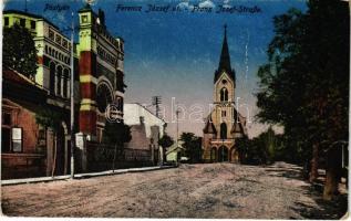 Pöstyén, Pistyan, Piestany; Ferenc József út, zsinagóga, templom / Franz Josef-Straße / street view, synagogue, church (ragasztónyom / glue marks)