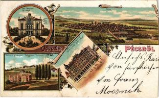 1899 (Vorläufer) Pécs, Izraelita templom, zsinagóga, Tettye és a várrom, Pécsi Takarékpénztár. Art Nouveau, floral, litho (vágott / cut)