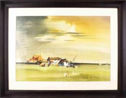 Fassel L'ousa Ferenc (1915-2009): Fények (cím nélkül). Akvarell, papír, jelzett, üvegezett fakeretben, 46×67,5 cm