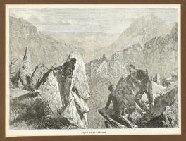 cca 1860-1870 Alpesi zerge-vadászok, fametszet, papír, paszpartuban, 17x23 cm, paszpartu: 27x33 cm.