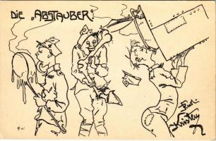 Die Abstauber. Deutschmeister-Witwen und Waisen-Stiftung (Aktion im Felde). Druck C. Pietsch, Wien / "A porszívók" humoros osztrák-magyar katonai művészlap / WWI Austro-Hungarian K.u.K. military art postcard, "The dusters" s: Rudi Kristen (EK)