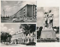 Békéscsaba - 3 db Képzőművészeti Alap modern képeslap: Csaba szálloda, Szabadság tér, Ifjú technikusok szobra