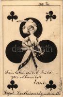 1901 Számszeríjas hölgy treff kártyalapon / Lady with crossbow on French-suited playing card (Clubs) (fl)