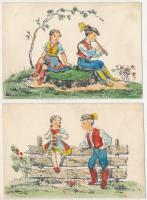 2 db régi magyar folklór művész képeslap: udvarlás és elbűvölés