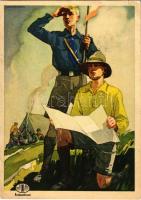 Indanthren textilfesték reklámlap cserkészekkel, mosás és időjárásálló viselet / Indanthren textile paint advertisement card with boy scouts. artist signed (kis szakadás / small tear)