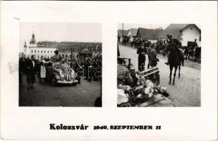 1940 Kolozsvár, Cluj; bevonulás, feldíszített autó, lovas csendőrök / entry of the Hungarian troops, decorated automobile, gendarmerie, photo + &quot;1940 Kolozsvár visszatért&quot; So. Stpl