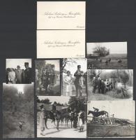 cca 1930-1979 Huszár témájú fotók: Kayser Vilmos huszárezredes, Issekutz Lajos alezredes, lovaglás képei, Kayser Vilmos (1979), stb.; össz. 8 db, változó méretben és állapotban + ilenczfalvi Sárkány Miklós (1884-?) nyug. huszárezredes (a cs. és kir. 8. huszárezredben szolgált az I. világháborúban) 2 db névjegykártyája