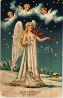 1910 Boldog karácsonyi ünnepeket / Christmas greeting art postcard with angels. EAS. Emb. litho (EK)